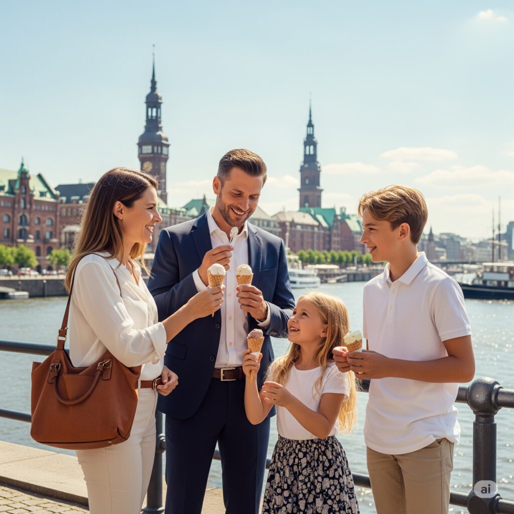 zufriedener Unternehmer isst mit seiner Familie Eis